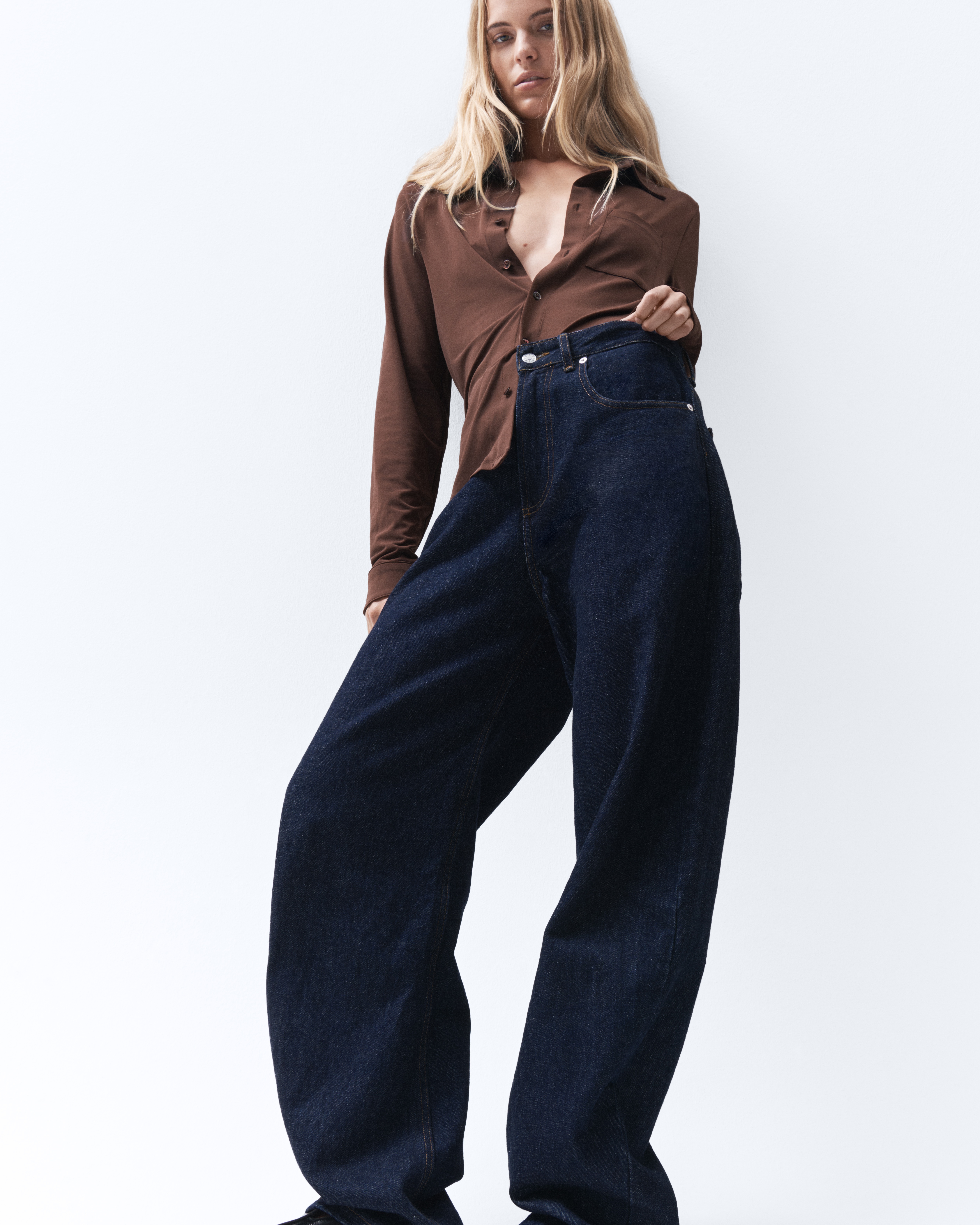 the good stuff campaign — brown blouse, wide-leg denim
