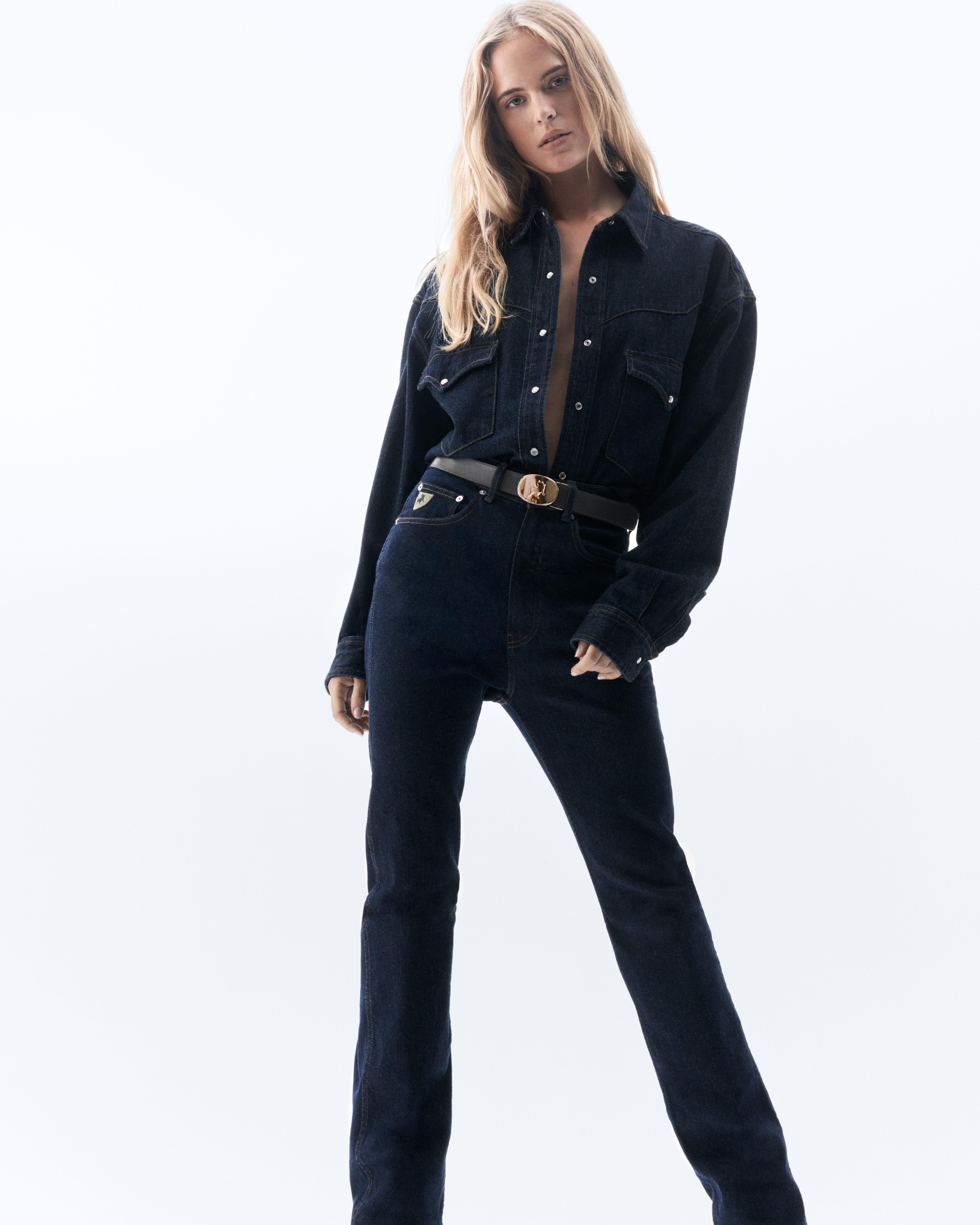 the good stuff campaign — denim shirt with horse-buckle belt