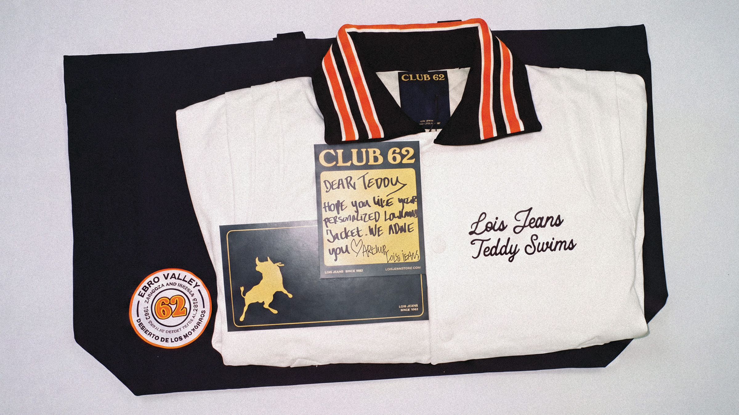 lowlands — personalized Club 62 jacket gifting, Lois Jeans x Teddy Swims